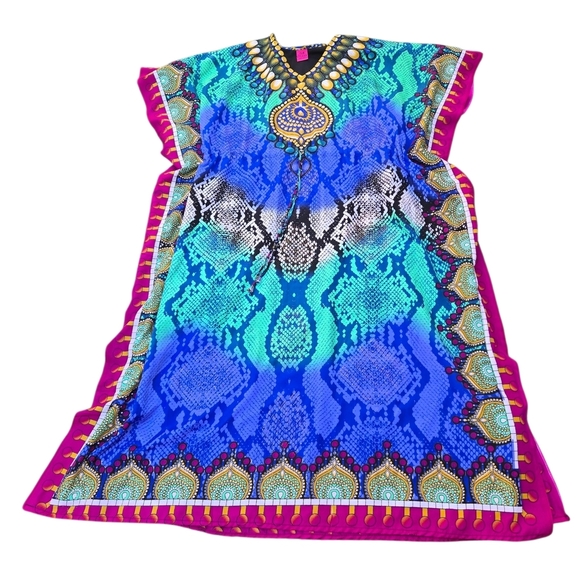 Bell Pepper One Size Maxi Vibrant Multicolor Kaftan Dress Shiny Tiny Gold Studs - Picture 7 of 16